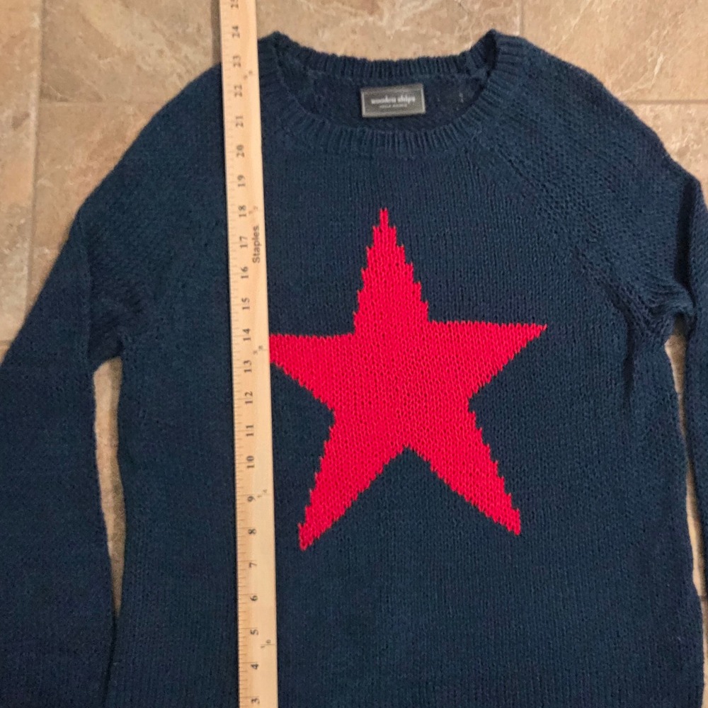 Wooden Ships Paola Buendia Navy Blue Red Star Knit Sweater Womens XS/S Raglan - Picture 4 of 7